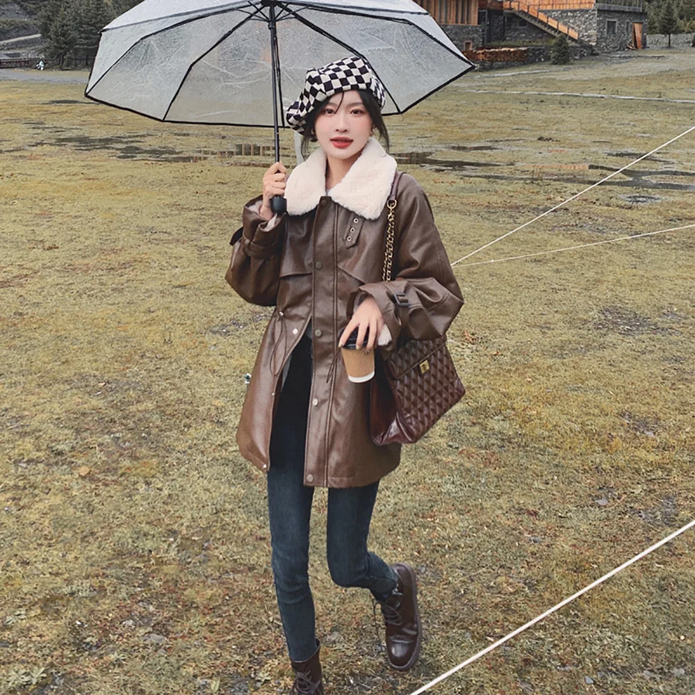 WQJGR Faux Fur Coat Oversize Lambswoo Full Sleeve Turn-down Collor Brown PU Winter Jacket Women Casual 2022