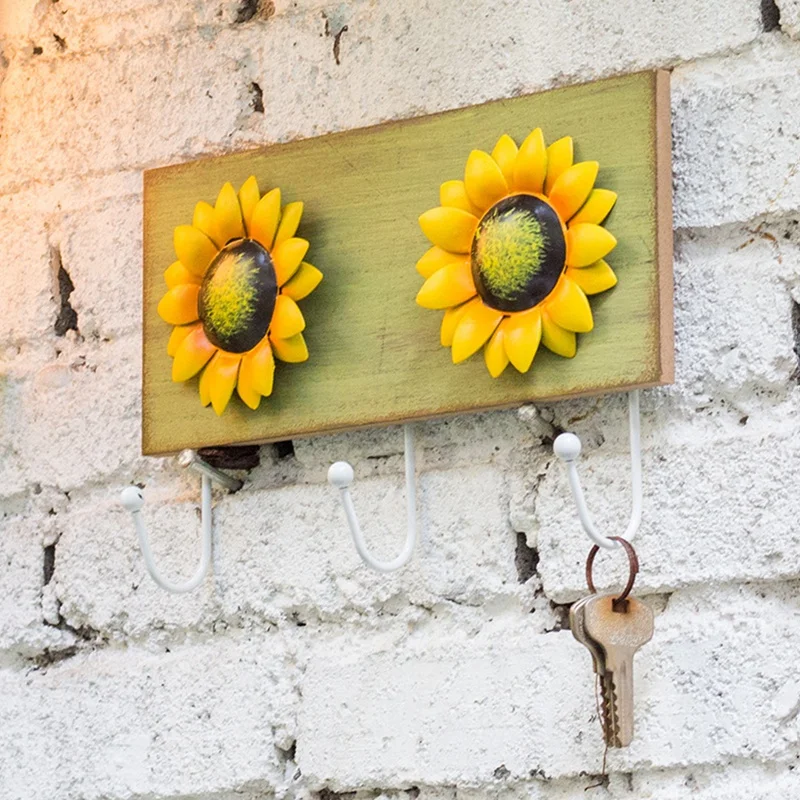 

Retro Wood Metal Sunflower Keys Coats Hanger Kitchen Room Decorations