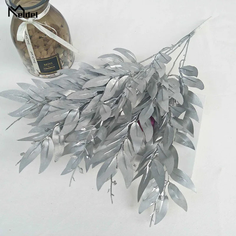 silver Meldel Wedding Bouquet Decoration Artificial White Flower Plant Silk Flower Home Vase Decor Willow Leaf Green Grass Fake Flowers - Color: silver