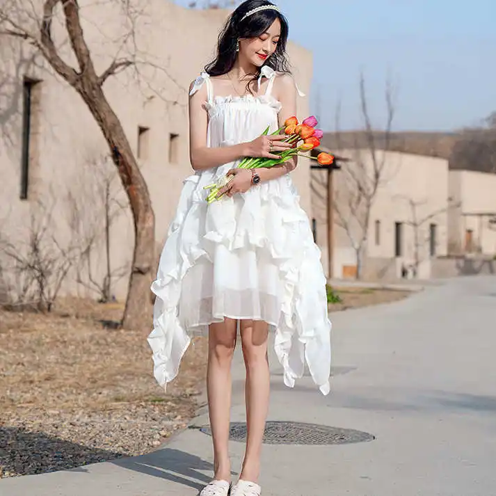 

Brand Women Fashion Dress Strappy Summer Dress Solid White Ruffles Cake Dress Irregular Chiffon Dress Vestidos