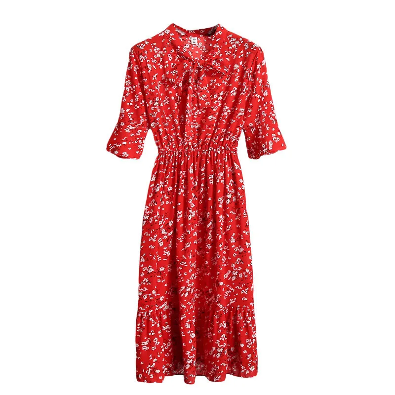 

2021 Women Chiffon Dresses Summer Floral Print Elastic Waist Dress Vintage Short Sleeve Bow Collar Mid-calf Party Dress Vestidos