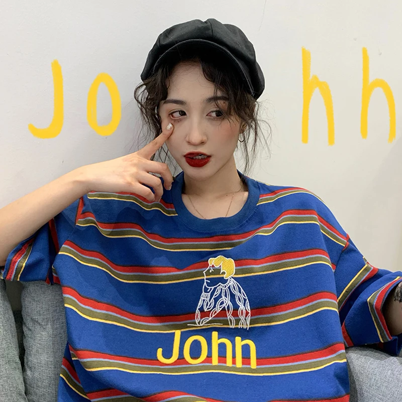 

Striped Short sleeve T-shirt Female Summer 2020 Loose Korean Ins Tide Gentle Wind Harajuku Chic Women oversize T SHIRTS L0544
