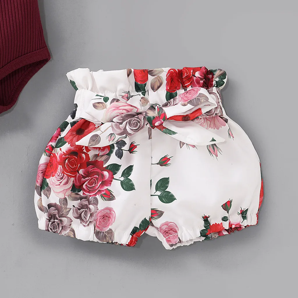 

0-18m Infant Toddler Children Clothes Suits Baby Girls Ruffles Romper Bodysuit+Floral Shorts+Headband Outfits 3pcs Set Costume