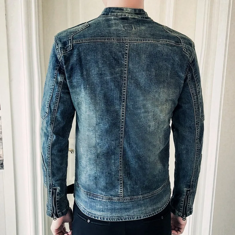 Spring Autumn New Long Sleeve Zipper Mens Denim Jackets Fashion Stand Collar Slim Fit Casual Cowboy Outerwear Coats Plus Size | Мужская