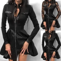 women long sleeve zipper pocket large hem faux leather lace mini dress womens clothing elegant fashion party dress vestidos 5xl
