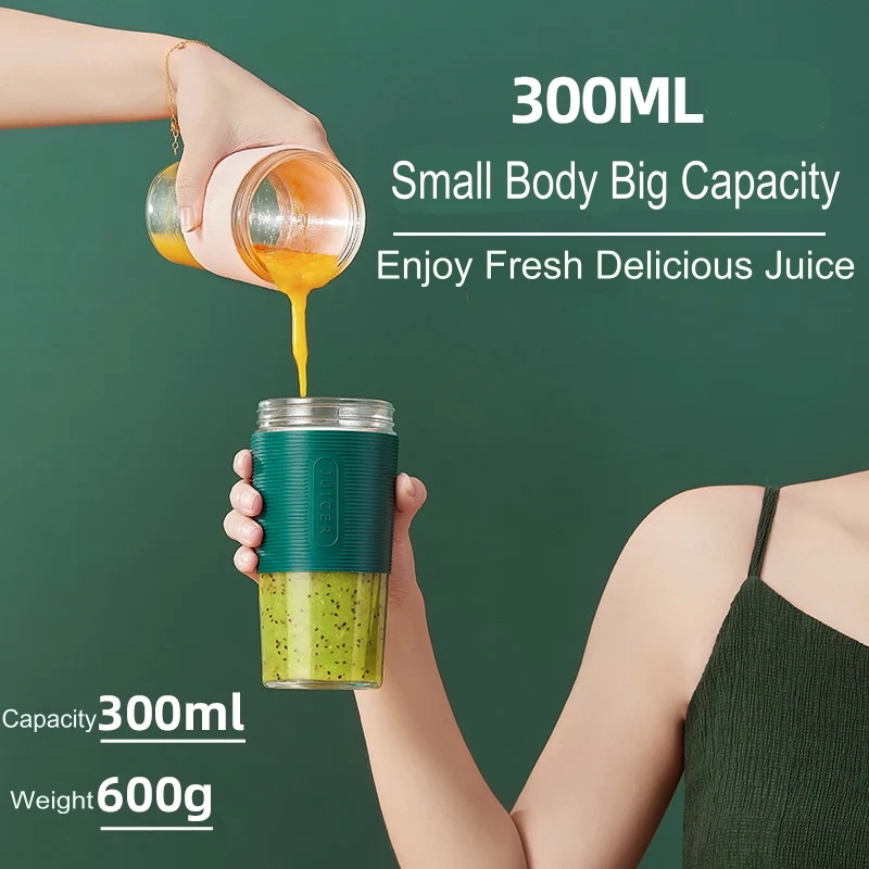 

300ML Wireless Juicer with 4 Leaf Stainless Steel Blade Smoothie Maker Portable Juicer Cup