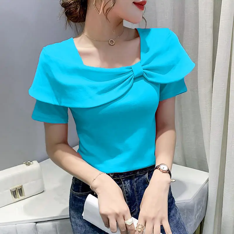 

2021 new French square collar T-shirt women's short sleeve summer bow jacket foreign style slim half sleeve shirt