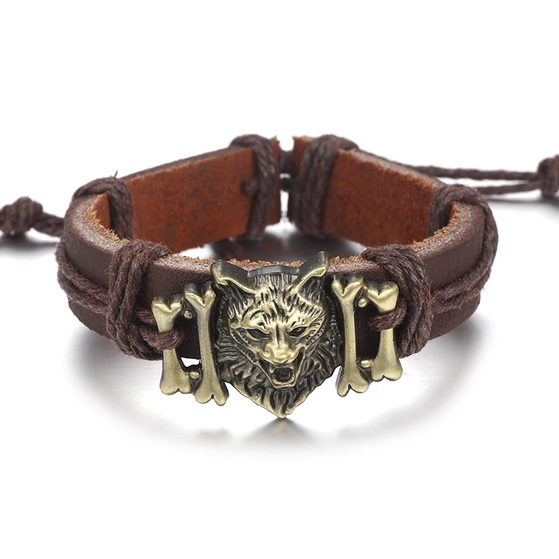 

New Product Punk Wolf Head Ornament Genuine Leather Bracelets For Men Cuff Bangle Wristband Jewelry Gifts Dropshipping