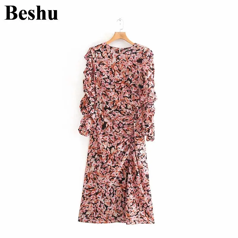 Модное платье za 2019 цветочный принт длина по щиколотку женское пышное длинный