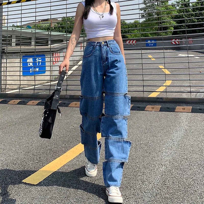 

Streetwear hole hollow out washed high-waist jeans