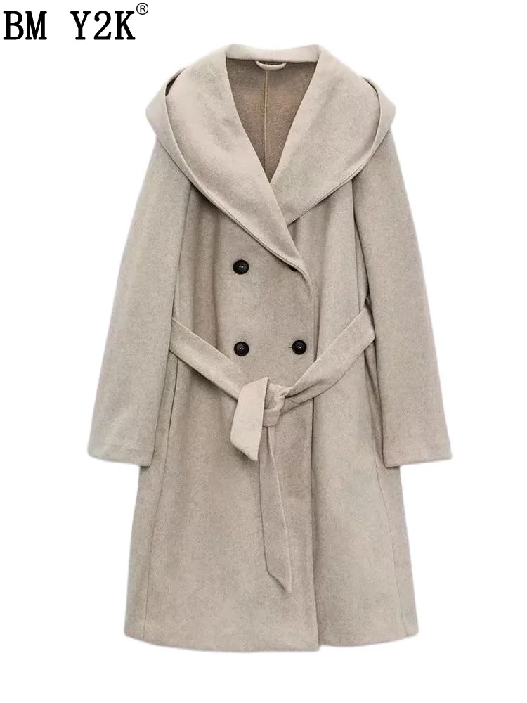 

Женское двубортное пальто с капюшоном, винтажное длинное пальто с поясом и отложным воротником, длинным рукавом и капюшоном, весна-осень 2022