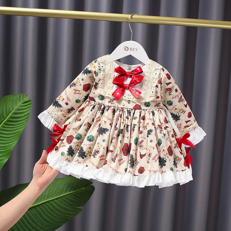 

Baby Girls Sweet Bowknot Children Long Sleeve Dress Spring Dress Baby Infants Cute Princess Birthday Print Dress Kids