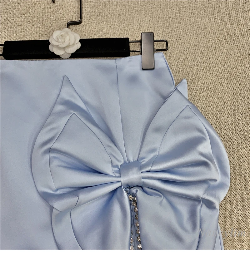 

Bow Skirt for Lady 2021 Spring New Sweet Rhinestone Edge Slit High Waist Satin A- Line Skirts Women's Office Clothes Nancylim