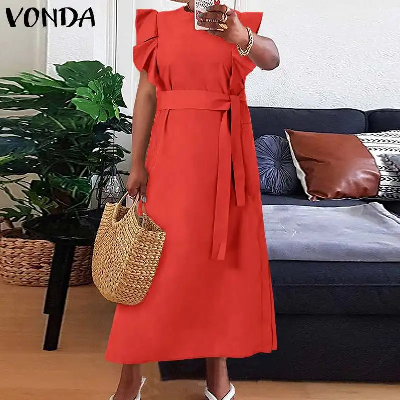 

Длинное платье VONDA в богемном стиле для вечерние, Vestidos 5XL, Повседневный сарафан без рукавов с оборками и поясом, женское летнее платье 2022