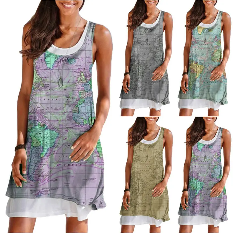 

Beach Dress Women Ladies Sexy Sleeveless Map Printed Loose Baggy Casual Summer Women's Dresses