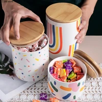 nordic ceramic airtight jar wooden lid creative rainbow cute storage jar dried fruit snack jar kitchen supplies snack jar