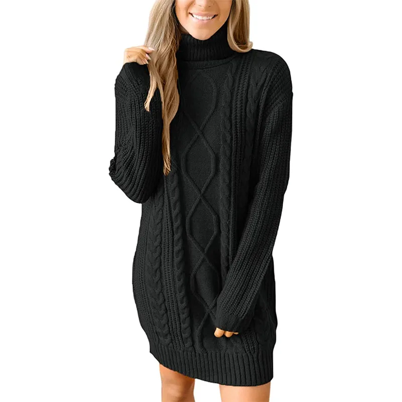 

2021 Women's Long-sleeved High-neck Dress Sweater Knitted Sweater Hoodie Autumn Clothes Women Sweater Dress Women