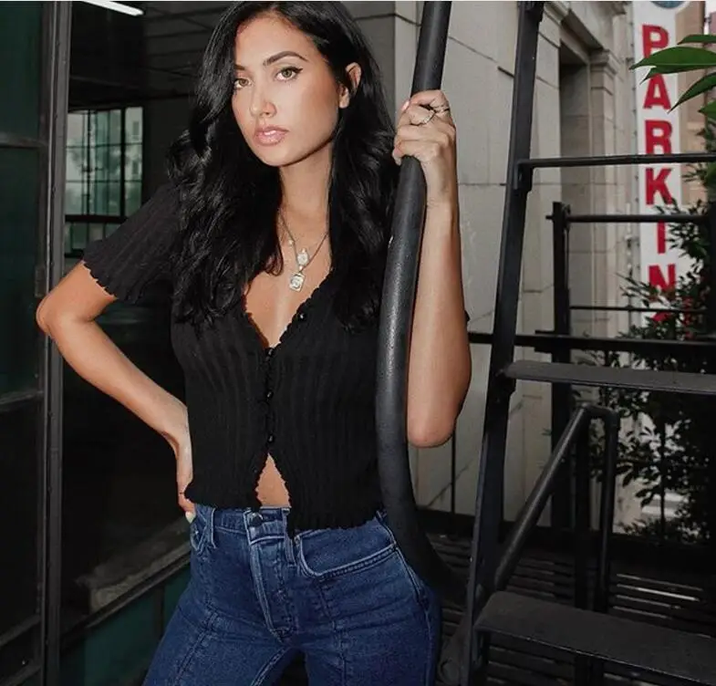 

Женская Повседневная рубашка с коротким рукавом, однотонный кардиган с V-образным вырезом, укороченный топ черного и белого цветов, свободн...