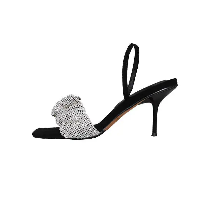 

Star's same diamond sandals women's middle heel square open toe elastic one line high heel shoes with thin heel