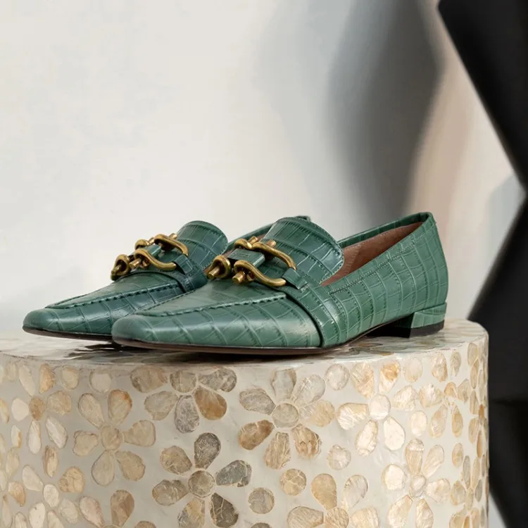 

MLJUESE 2021 Women Pumps Cow leather Autumn Spring Green Color Checkered Square toe Metal Decoration high heels pumps Size 42