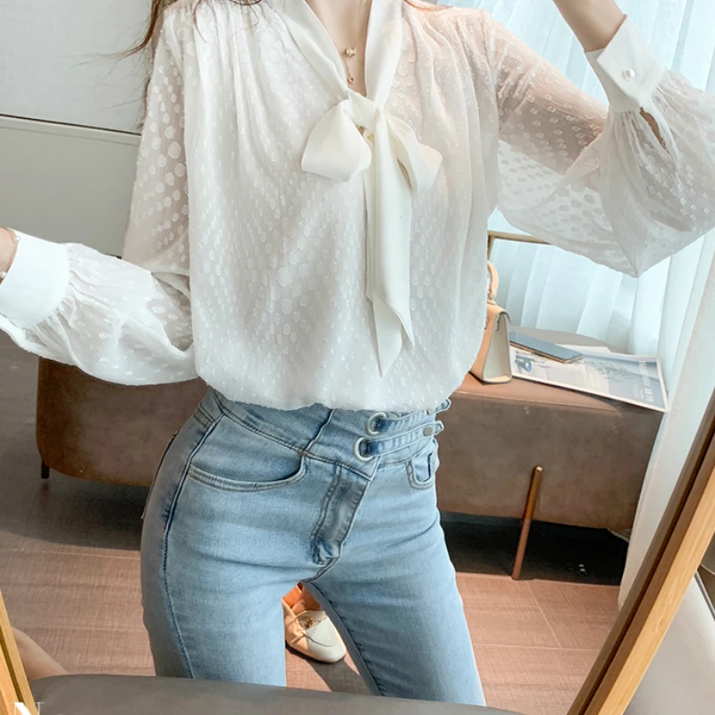 

Spring Womens Bow Neck Loose Long Sleeves Dobby Chiffon Shirts Temperament OL Solid Black White Chiffon Blouses