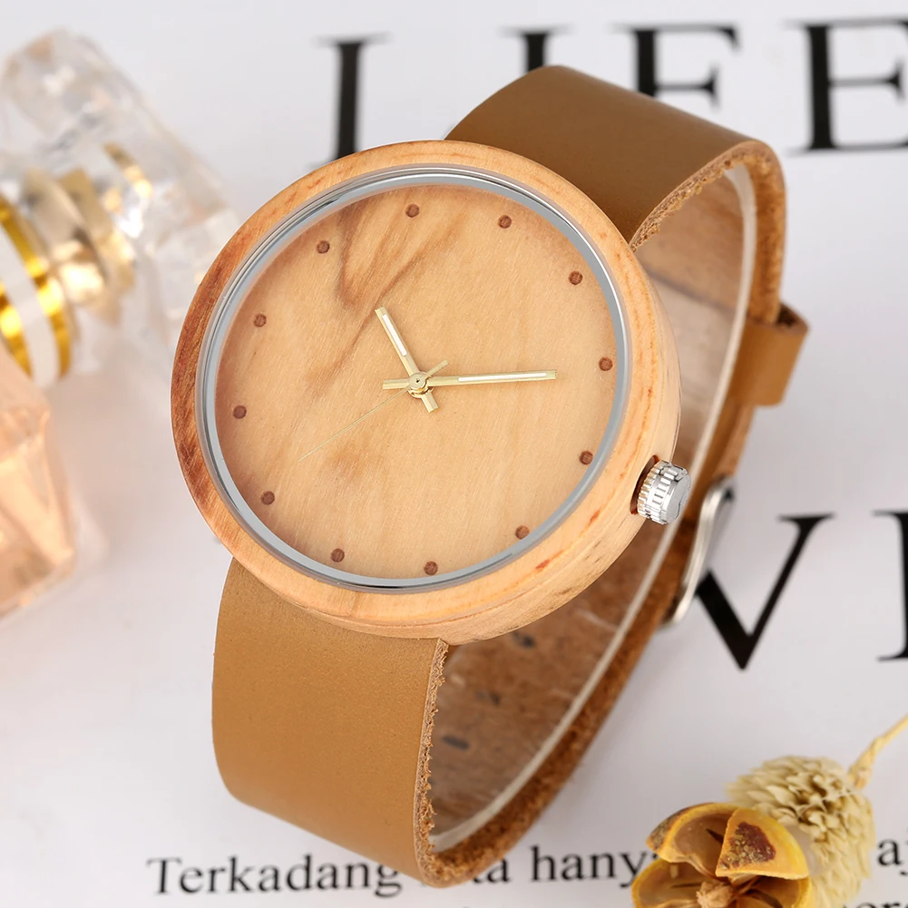 

Classic Wooden Watch Premium Brown Leather Band Wristwatch for Women Natural Quartz Wooden Watches for Friends