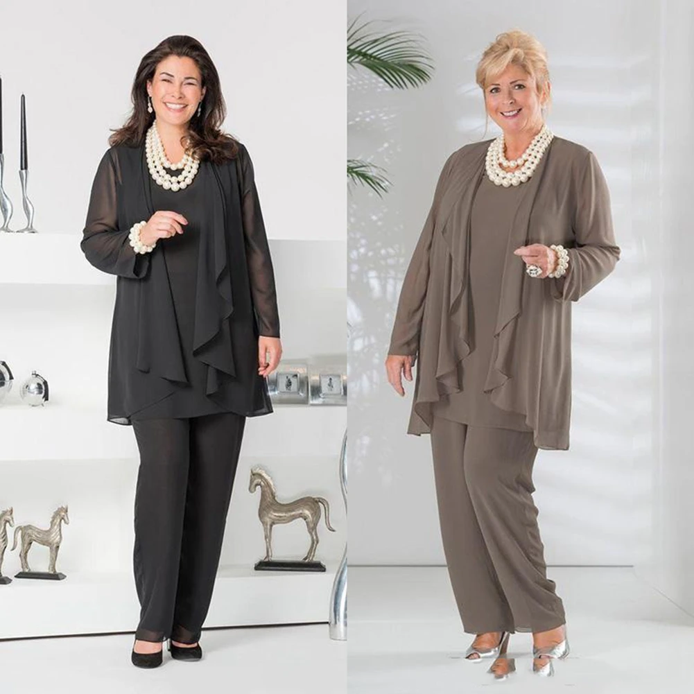 

Mother of the Bride Pant Suits Dark Navy Three Pieces Chiffon Long Sleeve Jacket Pants Suit Plus Size Wedding Guest Dress