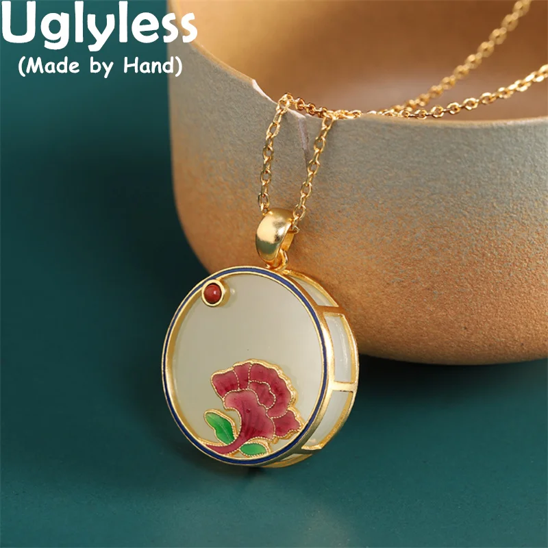 

Uglyless Enamel Flowers Necklaces for Women Natural Gemstones Jade Medals Pendants 925 Silver Ethnic Dress Jewelry Gold + Chains