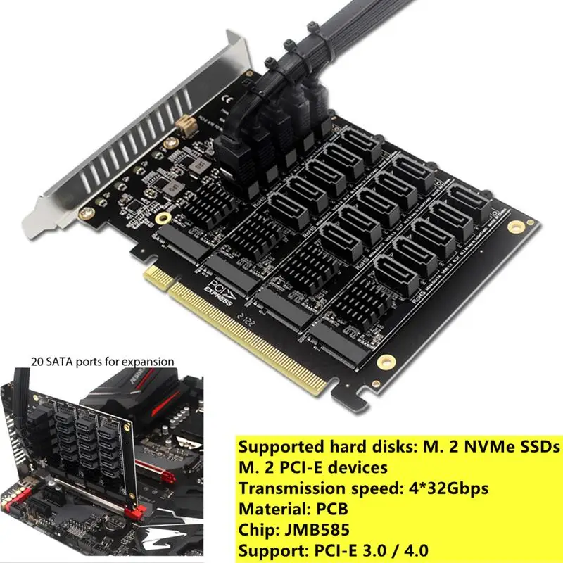 

Плата расширения PCIE X16 NVME M.2 RAID, плата расширения PCI-E-SATA 20 портов, адаптер JMB585 для ASUS Hyper M.2X16