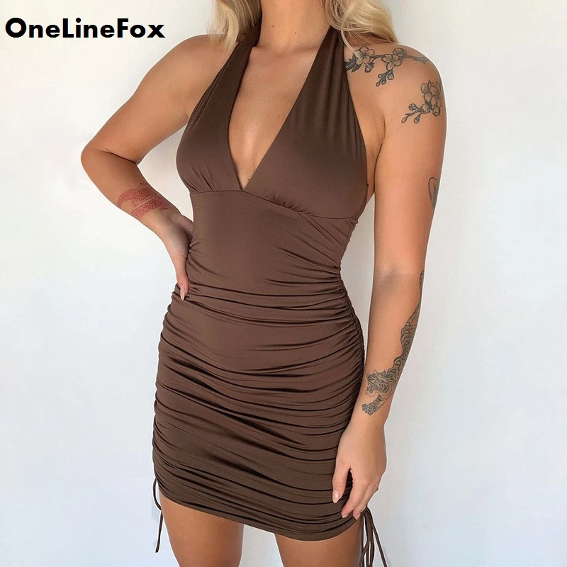 

OneLineFox Halter Bodycon Dress Ruched Drawstring Tie Up Backless V Neck Solid Midi Dresses Sexy Summer Dress For Women