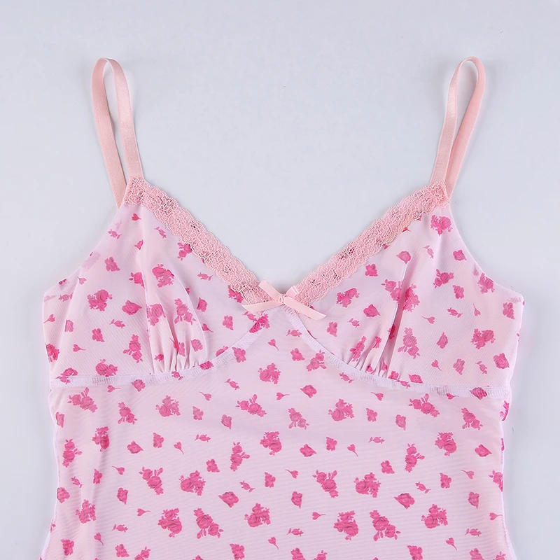 

HEYounGIRL Floral Print Pink Strap Midi Dress Women Summer Sleeveless Y2K Long Dresses Ladies Bodycon Mesh Beach Streetwear 2021