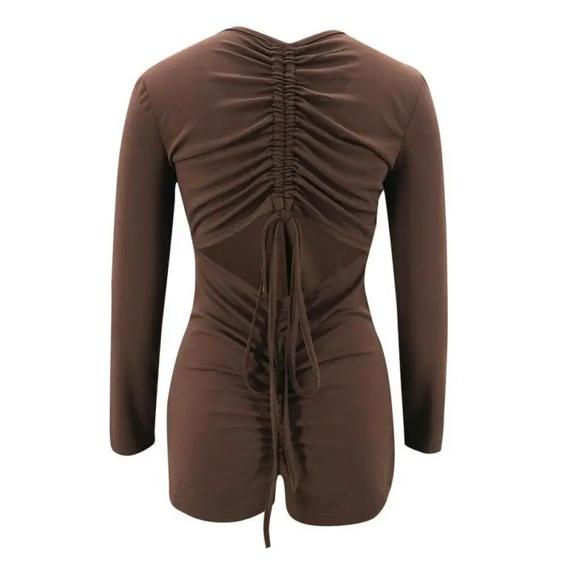 

VICABO Ladies Sexy Deep V Neck Backless Long Sleeve Slim Fit Jumpsuits Shorts Solid Color Sexy Drawstring Bodysuits