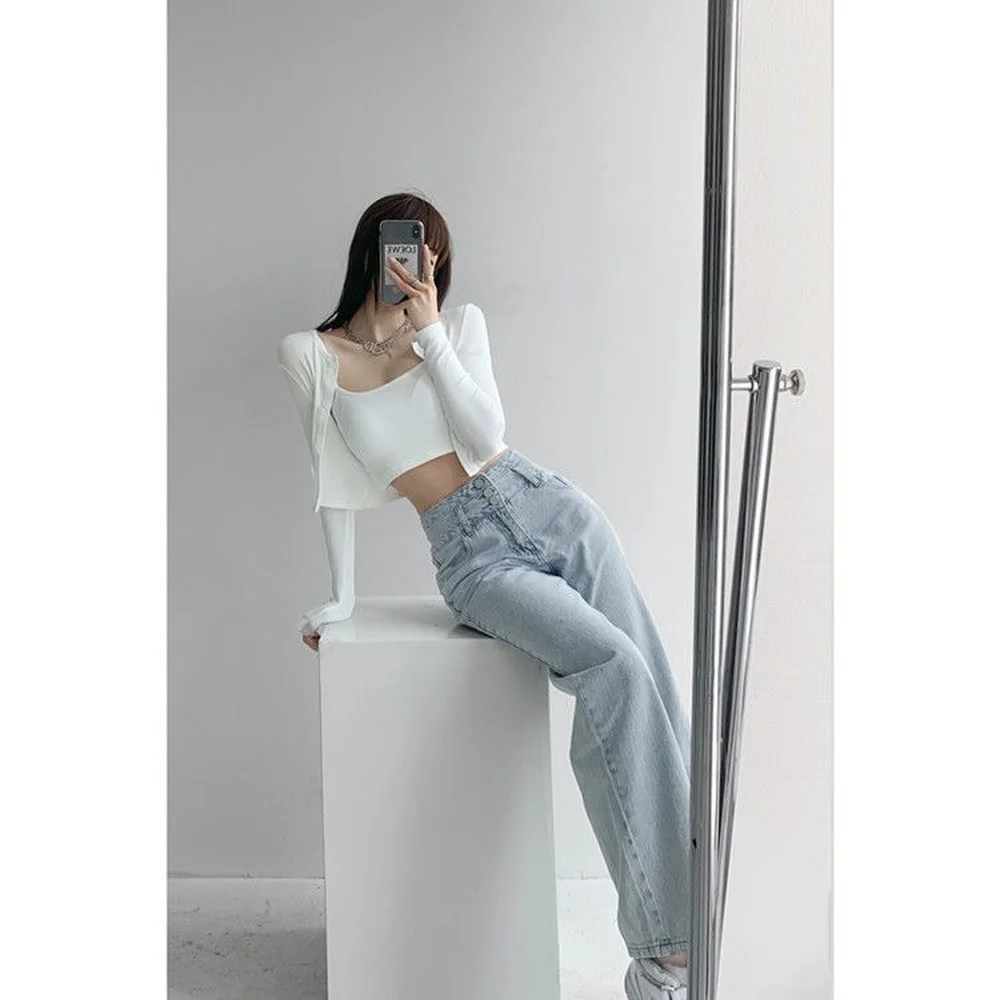 

FAKUNTN Waist Three Breasted Retro High Straight Jeans Women's Loose Slimming and All-Matching Wide Leg Pants Fashion