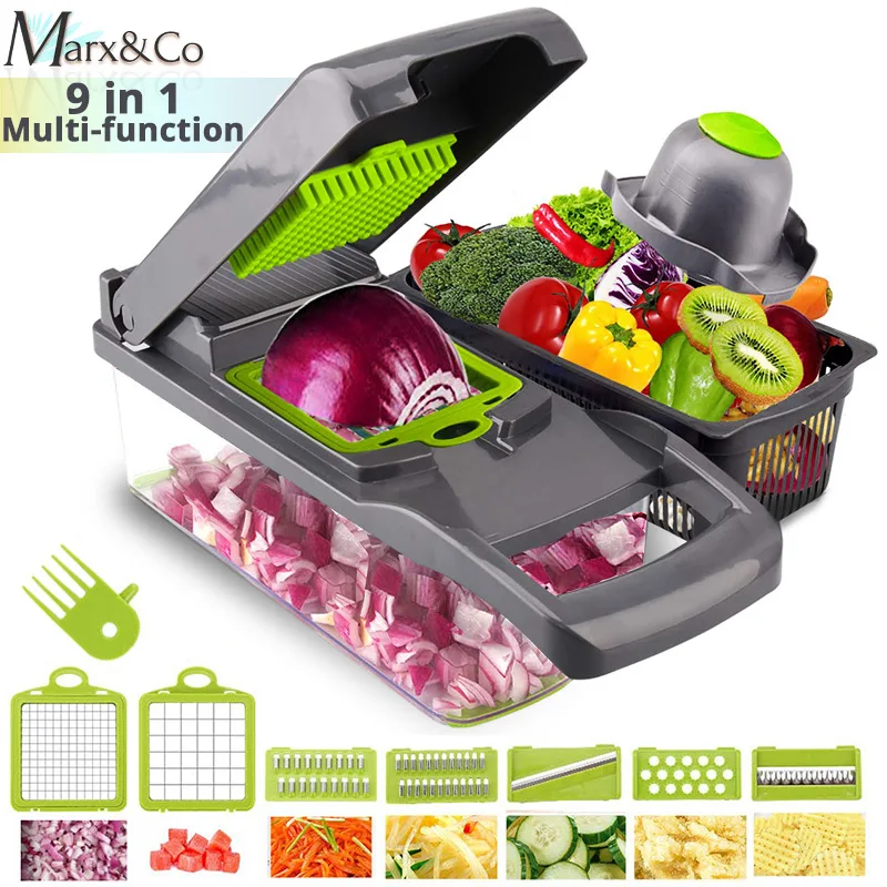 Multifunctional Vegetable Cutter & Slicer Carrot Potato Grater Onion Chopper 9 in 1 with Drain Basket Kitchen Fruit Food Gadgets