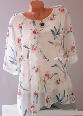 white Летняя женская блузка с цветочным принтом, 5XL размера плюс, шифоновые блузки с коротким рукавом, Пляжная рубашка, рубашки для офиса, блузы, женские топы - Цвет: white