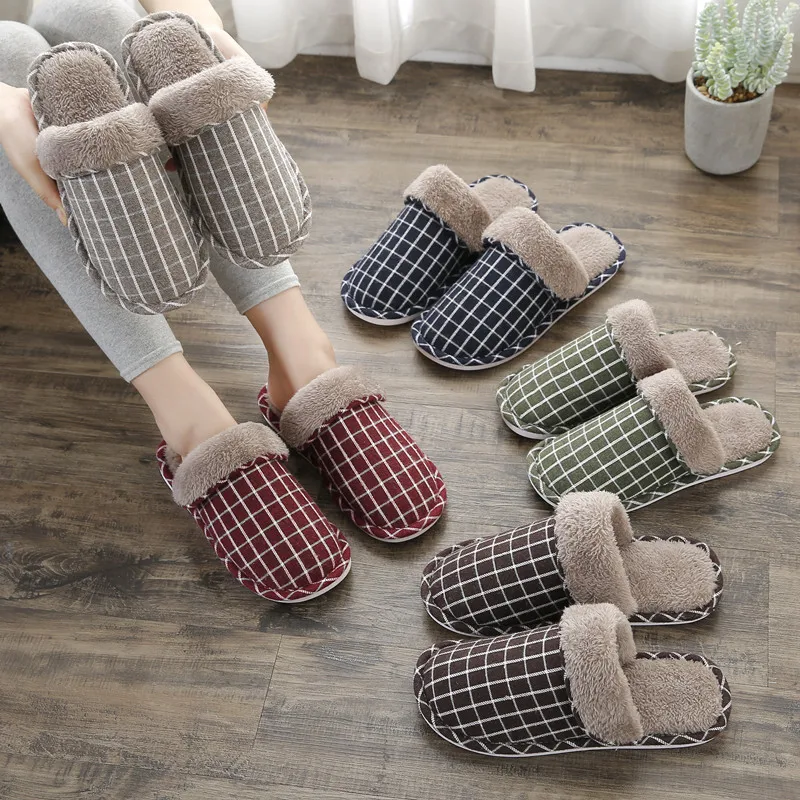 

Retro Plaid Male Cotton Slippers Autumn And Winter Indoor Warm And Comfortable Male Cotton Shoes Unisex Simple Slippers