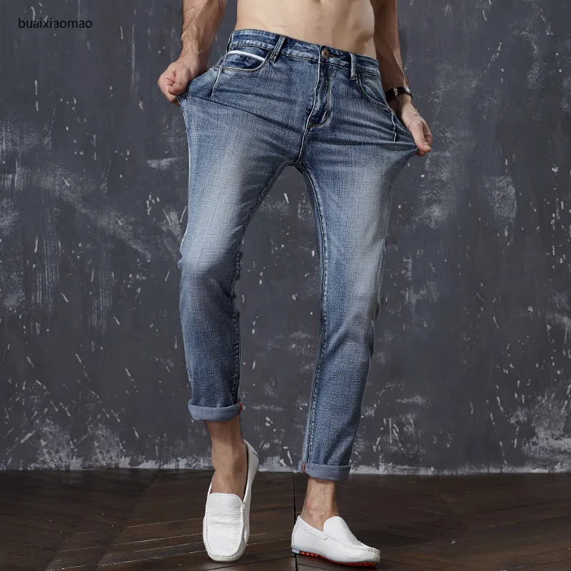 

Мужские джинсы в классическом стиле, синие светильник голубые облегающие эластичные джинсы, лето 2019