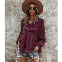 gxds lotus leaf hem top 2021 femme autumn new fashion loose dot embroidery elegant casual v neck bow tie skirt pullovers shift