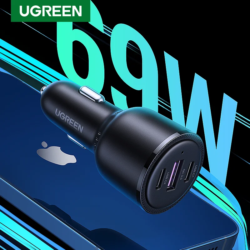 

UGREEN 69W Car Charger USB Type C Dual Port PD QC 4.0 3.0 Fast Charging For Laptop Car Phone Charger For iPhone 13 12 Samsung