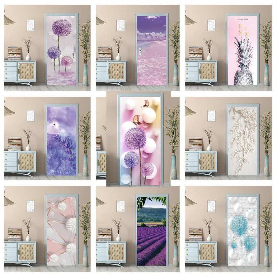 Purple Dandelion Butterfly Wallpaper For Door 3D Self-Adhesive PVC Poster Girl Room Bedroom Door Sticker Custom Size Wall Decals