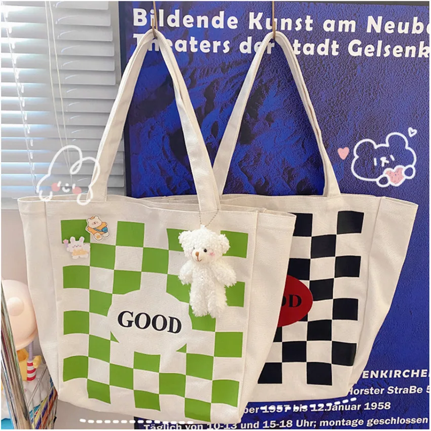 

Females Checkerboard Canvas Tote For Women Plaid Panelled Handbags Japanese Work Shopper Ladies Shoulder Bag Study Weekend