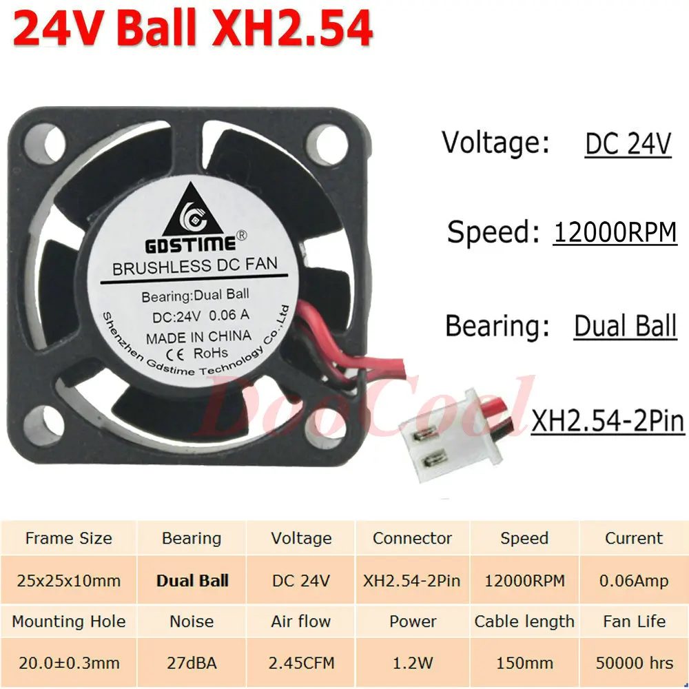24V Ball XH2.54 5 шт. Gdstime с фокусным расстоянием 25 мм 25x25x10 мм 2Pin JST Dupont 5 В, 12 В, 24 В постоянного тока, 2510 рукав Шаровая Опора радиатора мини Бесщеточный Охлаждающий вентилятор Cooler - Цвет лезвия: 24V Ball XH2.54