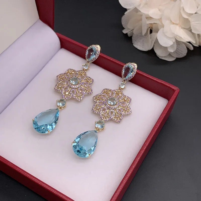 

Earrings Gold Purple Diamond Hollow Flower Blue Crystal Pendant Tassel Ethnic Style Light Luxury Earrings