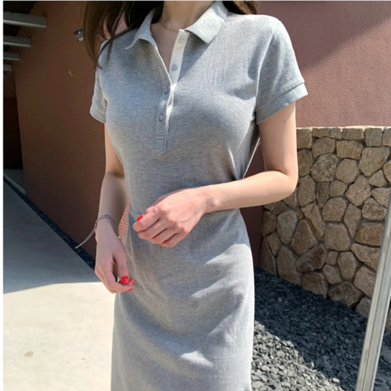 

Summer Women's Gray Knit Dress Casual Loose Lapel Short Sleeve Lace Midi Dress 2021 Female Vestidos Korean Clothing