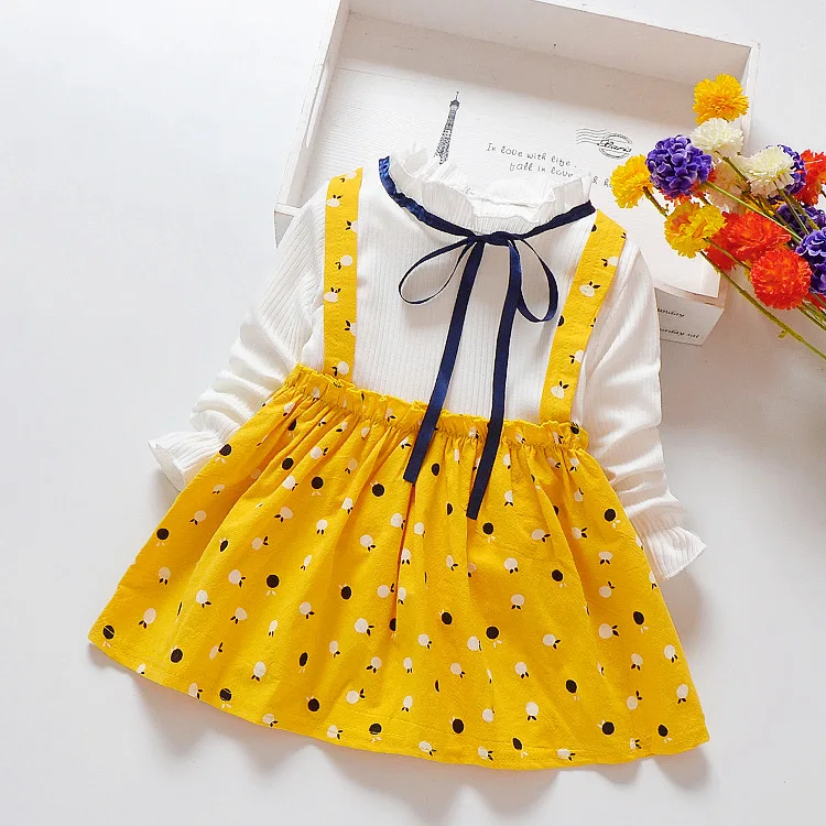 Yellow Dot Весеннее платье для маленьких девочек, хлопковое детское платье в клетку с длинными рукавами, модная детская одежда - Цвет: Yellow Dot