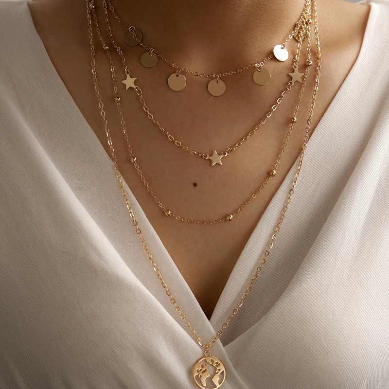 Ожерелье женское с подвеской в виде карты Tocona многослойная цепочка для свитера