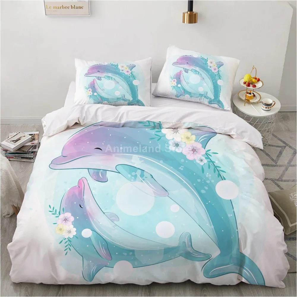 Милое голубое платье постельное белье с принтом &quotДельфин&quot Детский Комплект