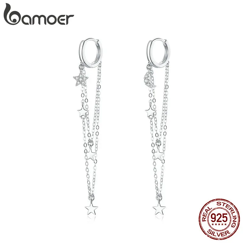 

Memnon 925 Sterling Silver Jewelry Gift with Stars & Moon Tassel Earrings Earrings for Women Girls Gift Statement Jewelry SCE982