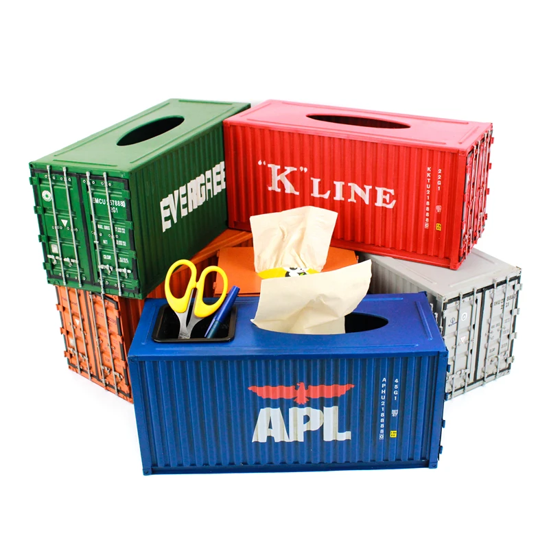 

Shipping Container Model Tissue Box Pen Holder Napkin Paper Towel Storage Case Card Slot Antique Desktop Home Decoration Gift