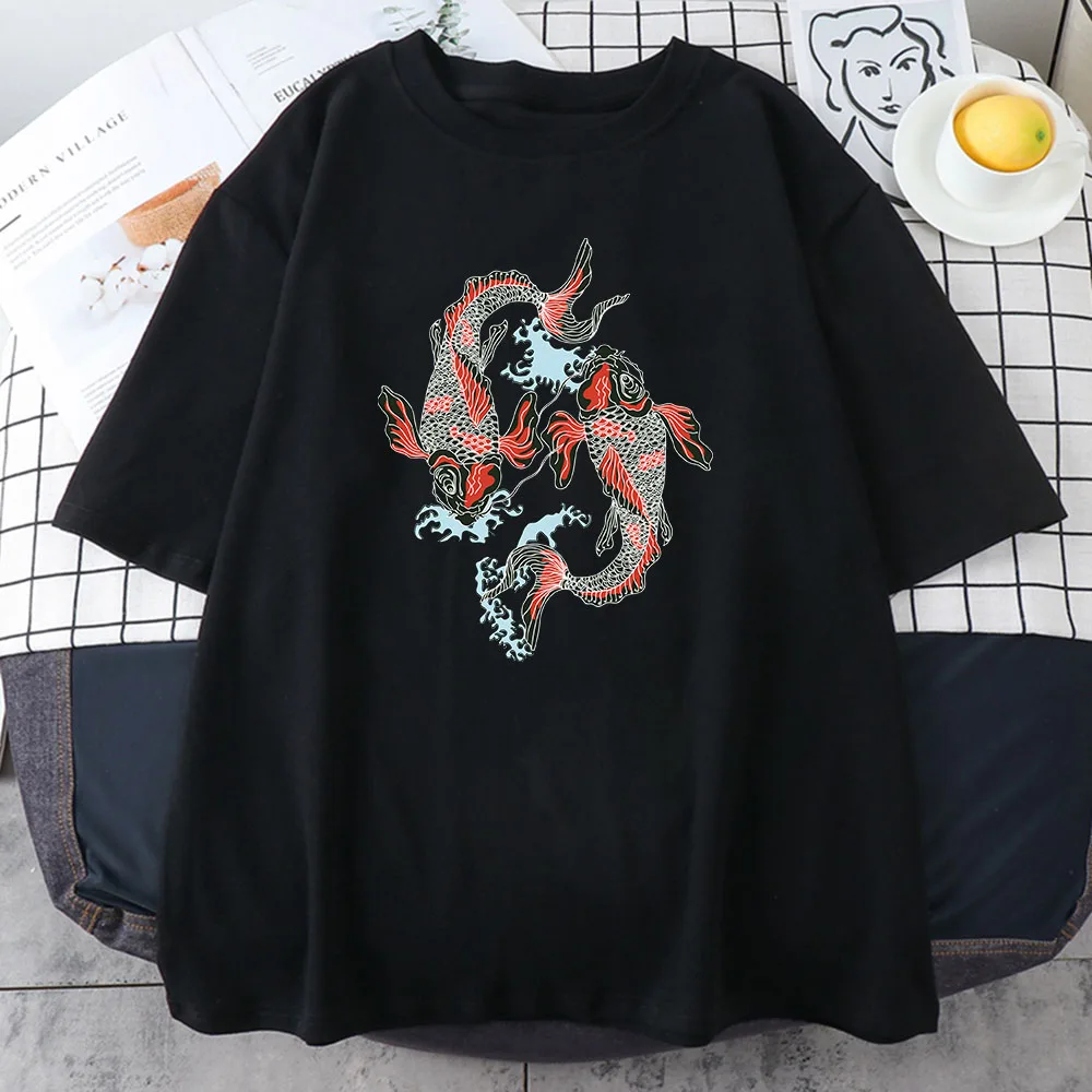 

100% Cotton Japanese Style Two Totem Koi Printing Women Tshirt Spring Summer Clothing Short Sleeve Soft T Shirt Oversized Soft